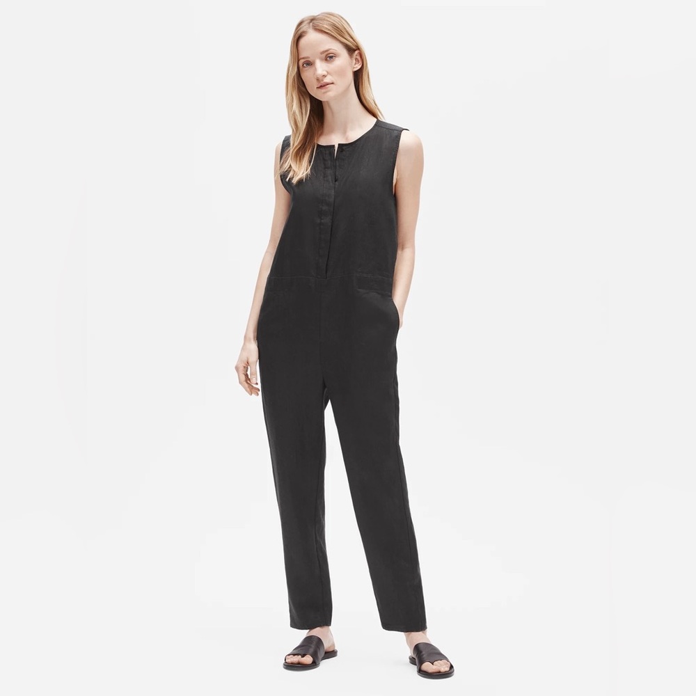 Eileen Fisher Black Organic Linen Round Neck Sleeveless Jumpsuit Size L